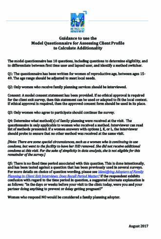 Guide and model questionnaire for assessing client profile to calculate additionality
