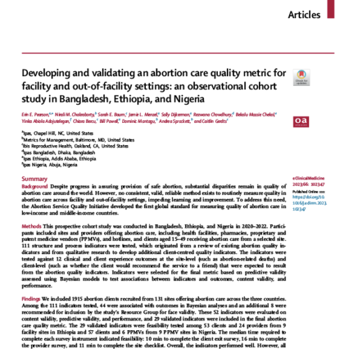Developing and validating an abortion care quality metric for facility and out-of-facility settings